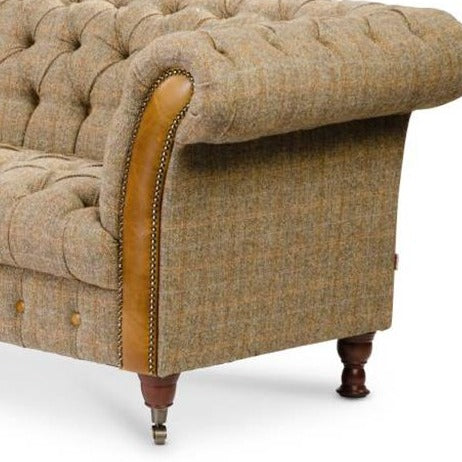 Bretby Two Seater Sofa Brown Cerato Leather and Gamekeeper Thorn Tweed